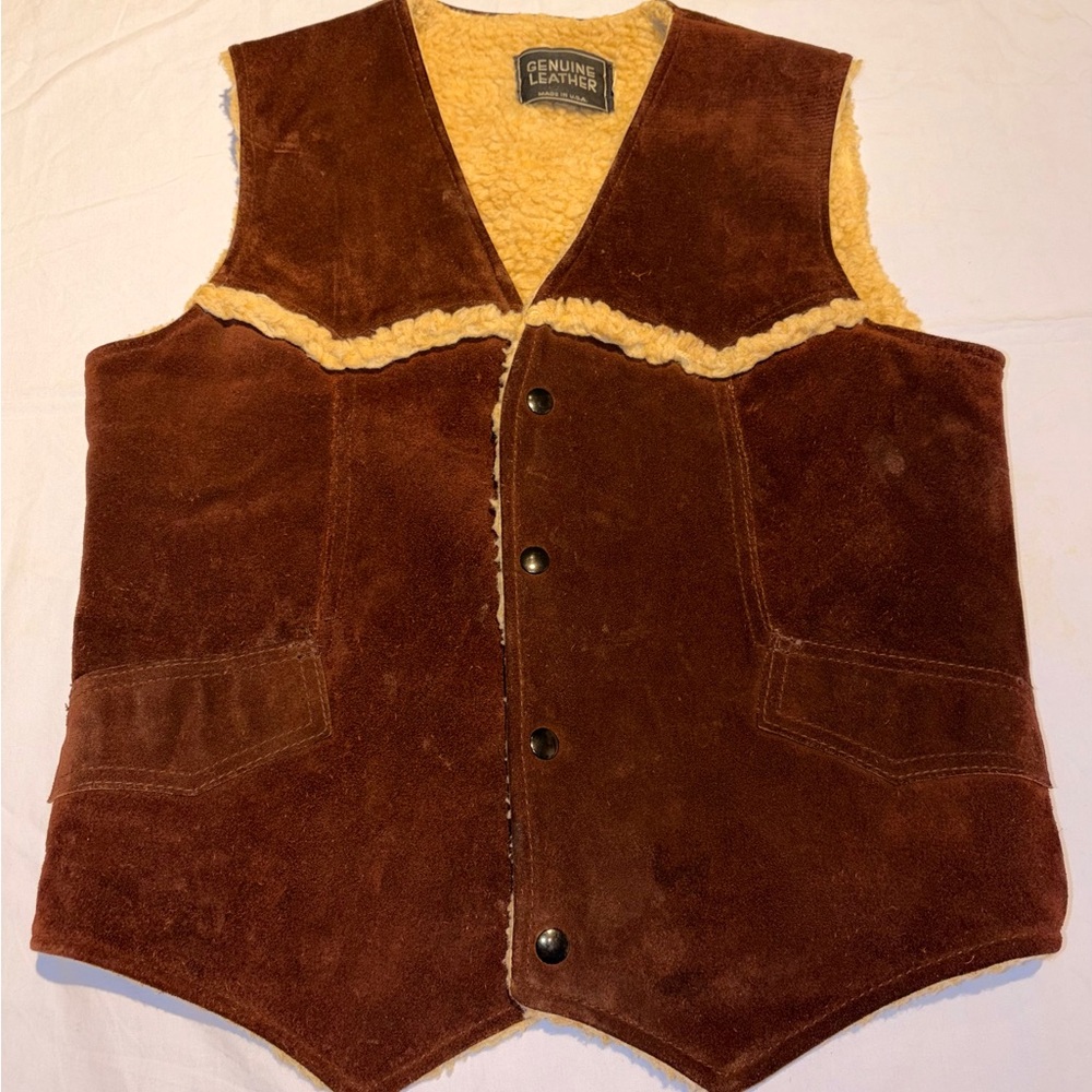 Vintage 70s Brown Suede Sherpa Lined Western Snap Best Made In USA Unisex Small